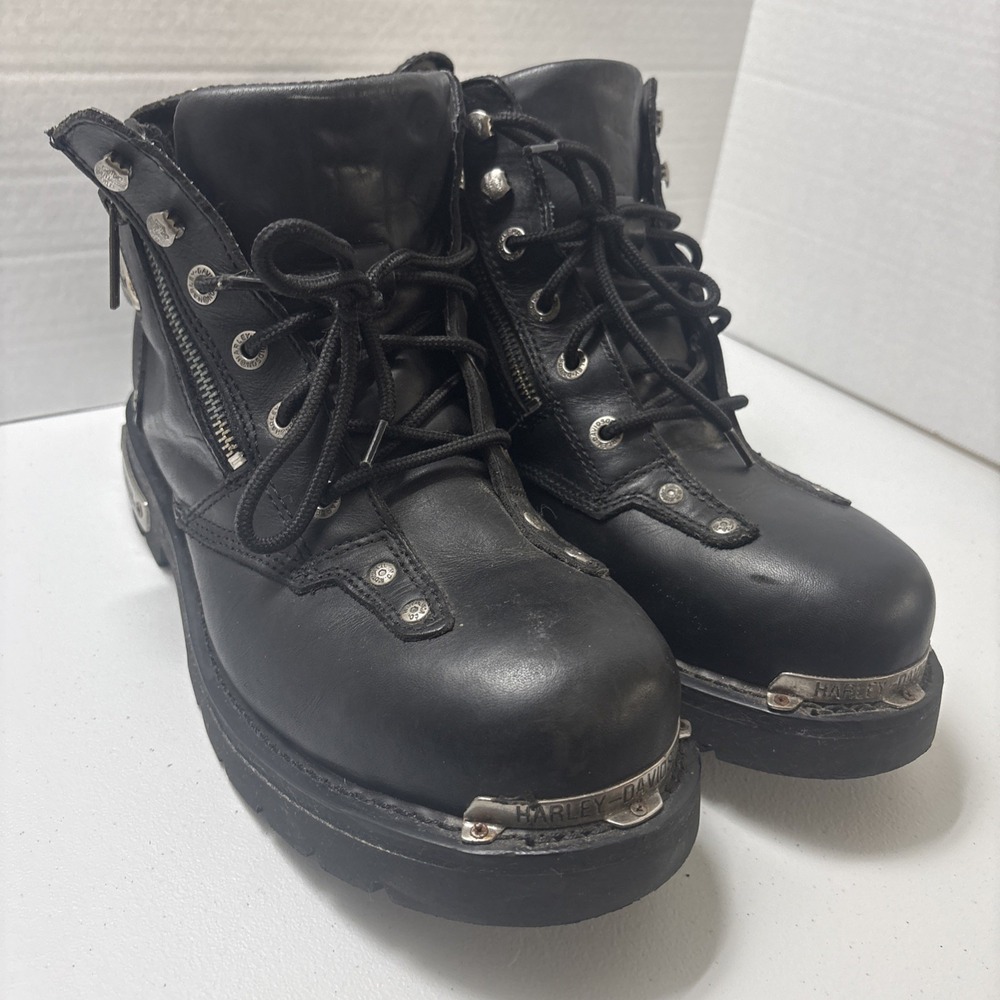 Harley Davidson Havoc Black Mid Leather Motorcycle Boots Size 11 Zipper Logo EUC